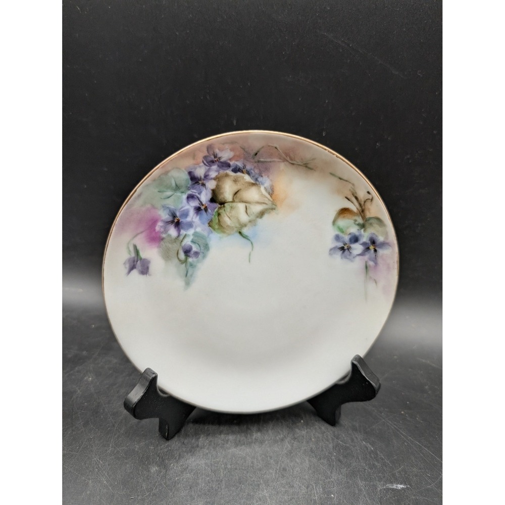 Hand Painted Porcelain Floral Plate Purple Violets Gold Rim Decorative 6 inch